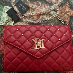 Badgley Mischka Red Quilted Gold Turnlock Chain Crossbody Clutch Purse Bag NWT